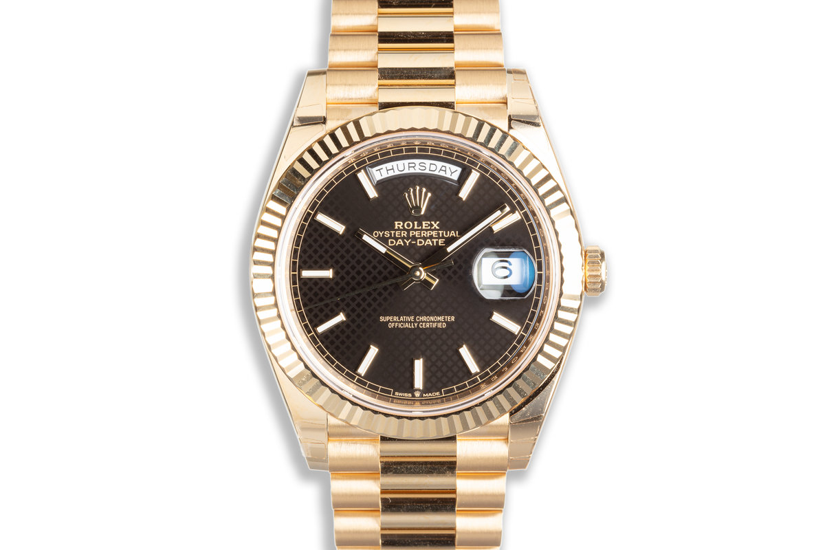 2021 Rolex 18k Day-Date 40mm 228238 Bright Black Diagonal Motif Dial with Box & Card photo, #0