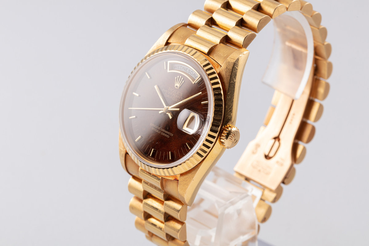 HQ Milton - 1990 Unpolished Rolex 18K YG Day-Date 18238 Burl Wood Dial with  Box \u0026 Papers, Inventory #A4190