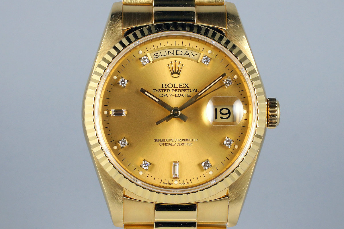 HQ Milton - 1991 Rolex YG Day-Date 18238 Factory Champagne Diamond Dial,  Inventory #8306