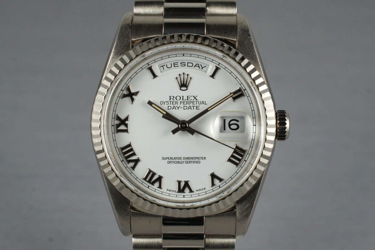 HQ Milton - 1999 Rolex WG Day-Date 18239 with White Roman Dial, Inventory # 3753