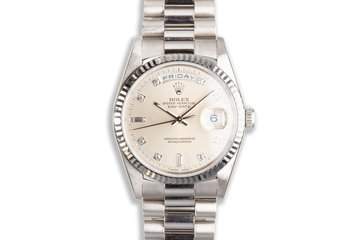 1995 Unpolished Rolex Day-Date 18239 18k White Gold Silver Dial with Diamond Markers & Papers photo