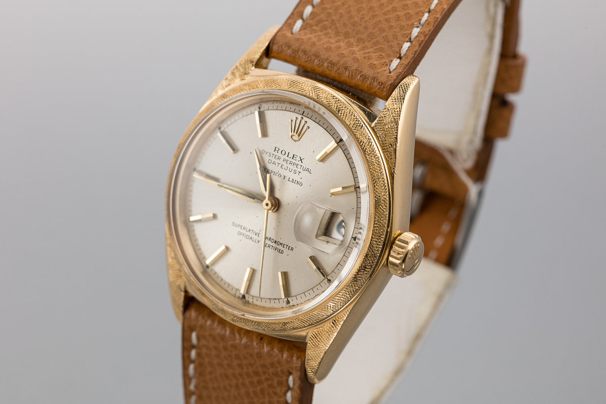 HQ Milton - 1964 Vintage Rolex 18K YG Morellis DateJust 1602 Silver Serpico  Y Laino Dial with Service Papers, Inventory #A2277