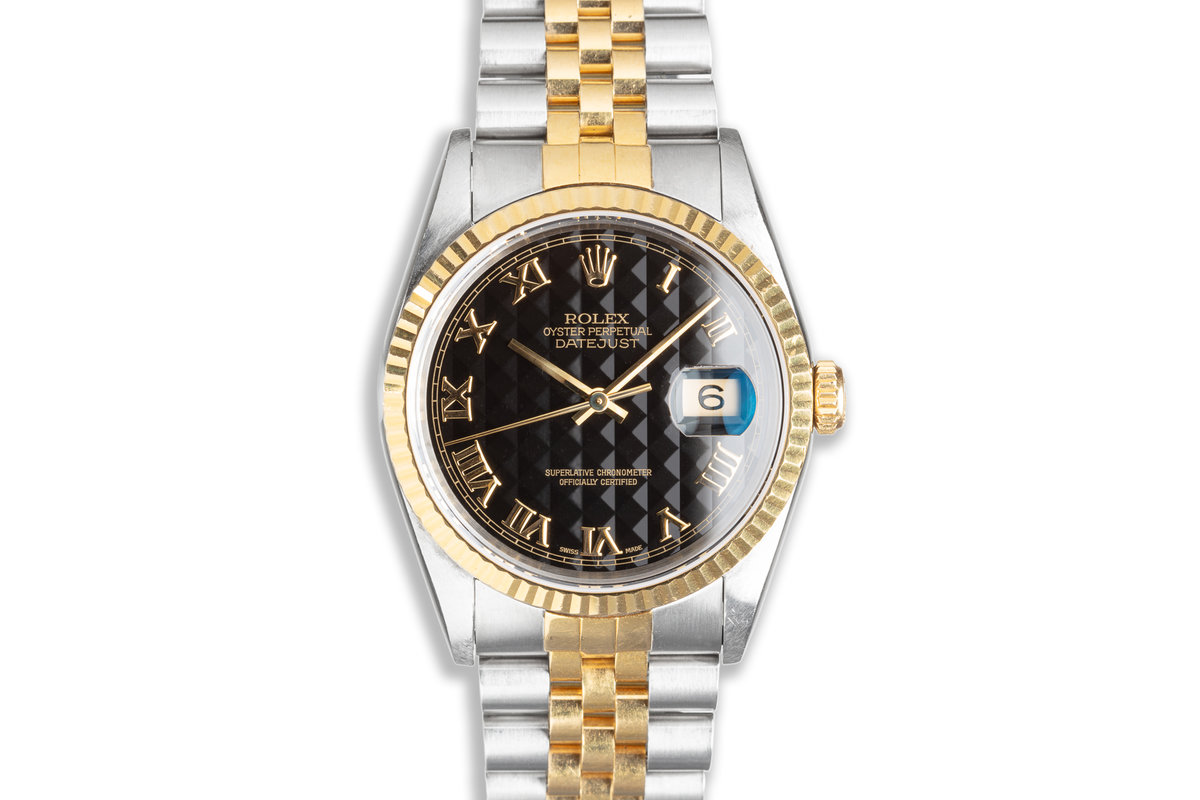 rolex datejust black pyramid roman dial 16233
