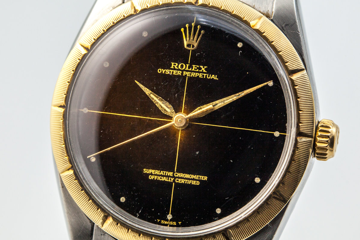 HQ Milton - 1965 Vintage Rolex Two Tone Oyster Perpetual 1008 Zephyr Dial  and Bezel with Gilt Tropical Dial, Inventory #8510